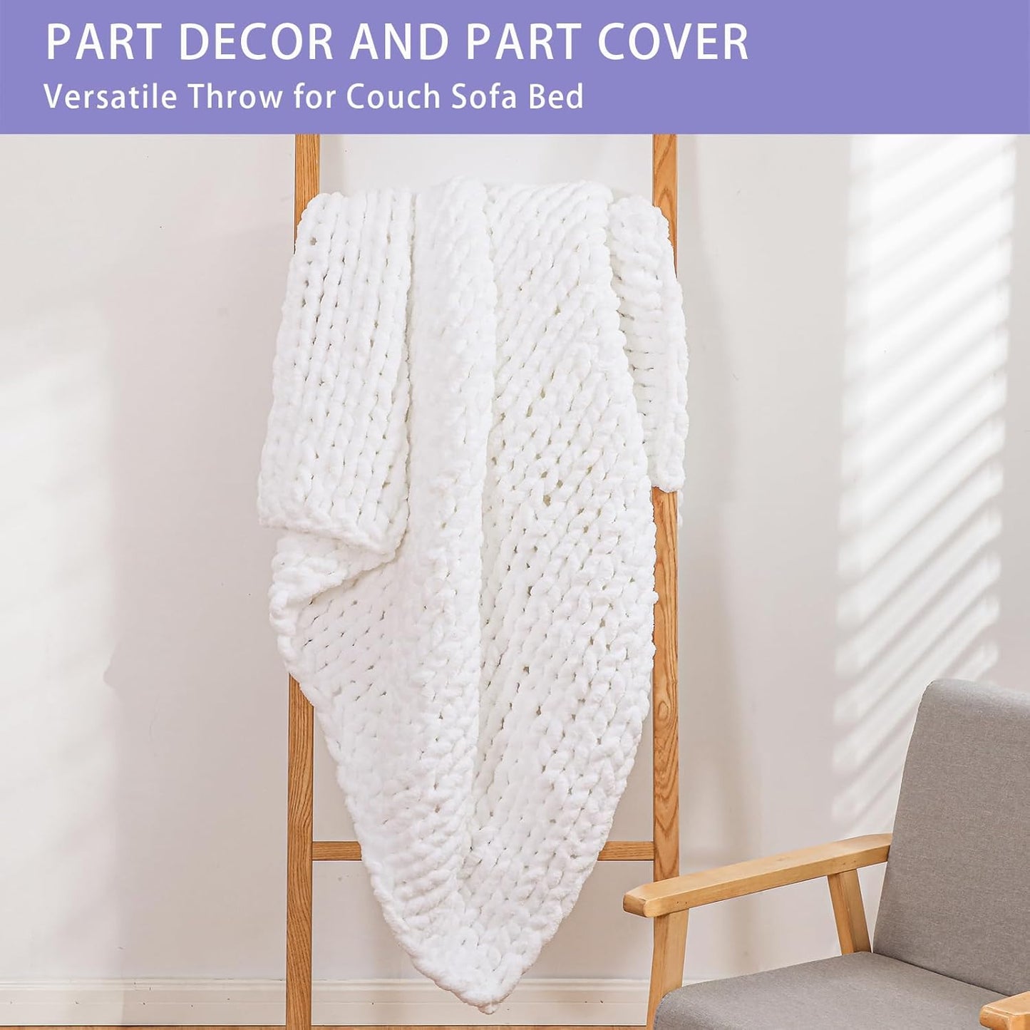 Bigacogo Chunky Knit Throw Blanket for Couch, 51x63 inches, 100% Hand Knitted with Thick Jumbo Chenille Yarn, Cozy Soft Large Rope Knot Cable Crochet Blankets for Sofa Bed Living Room, White