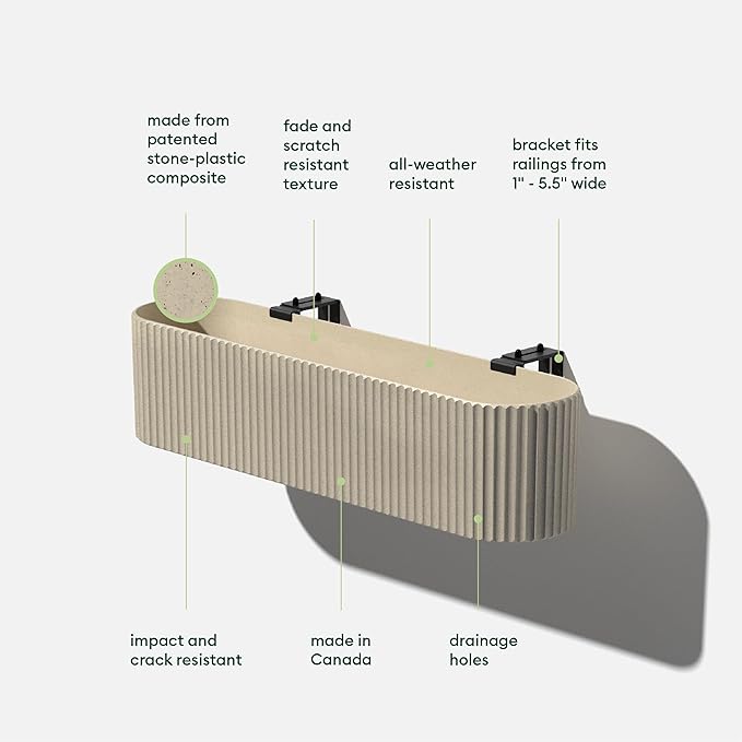Veradek Demi Series Railing Planter - Hanging Planter Box for Windowsill/Balcony | Plastic-Stone Composite w/Railing Bracket | Modern Décor for Flowers