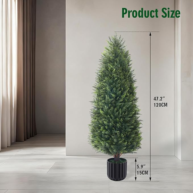 4FT Artificial Cedar Topiary Trees Set of 2, Extra Dense Foliage UV Resistant Fake Plants for Front Porch Christmas Decor, Lifelike Fake Trees Outdoor Indoor Home