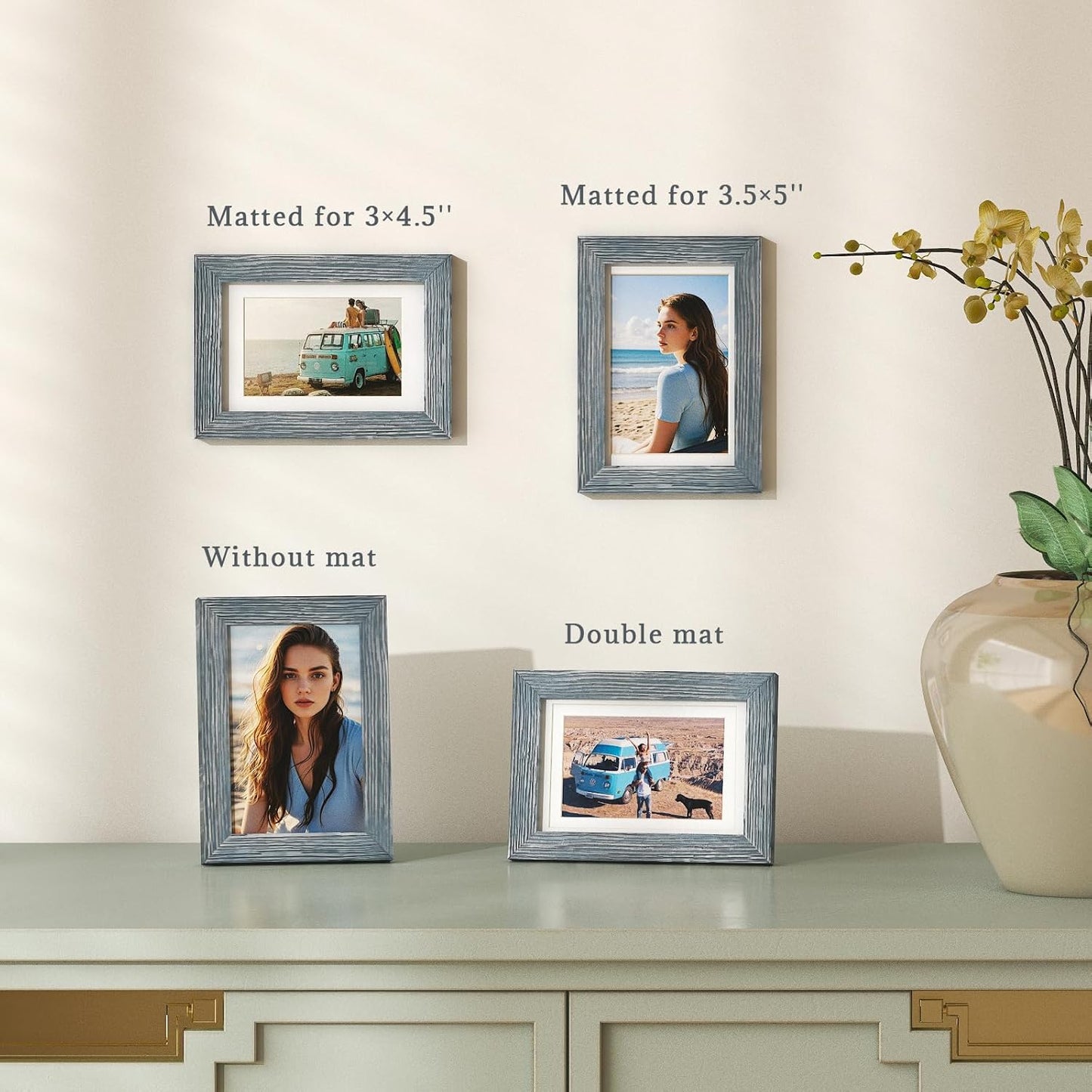 Egofine 4x6 Picture Frames Set of 4, Made of Solid Wood Covered by Plexiglass 3.5x5 with Mat or 4x6 without Mat, for Table Top Display and Wall Mounting Photo Frame Rustic Blue