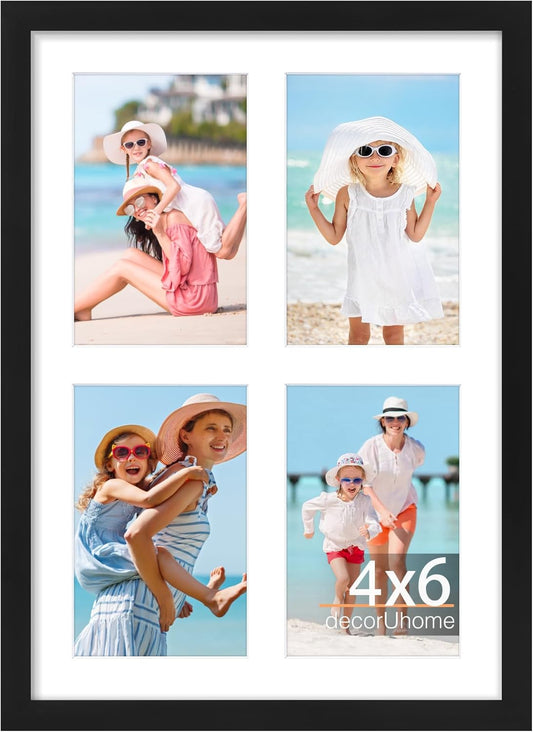 decorUhome 10x14 Picture Frames Collage Wall Decor, Display 4Pcs 4x6 Photos with Mat or 1Pcs 10x14 Unmatted, 4 4x6 Collage Picture Frames for Wall Mounting, Black
