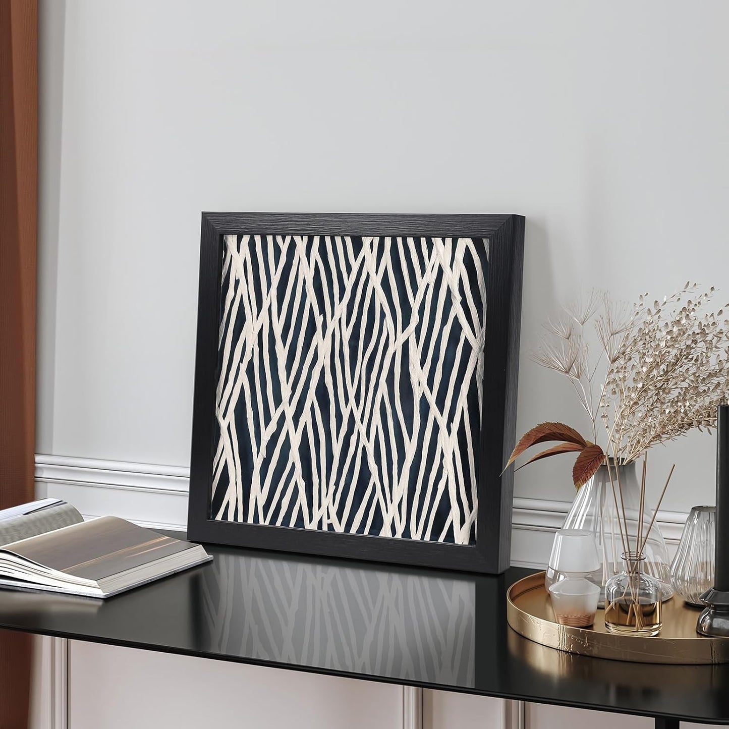 FOLKOR Geometric Wall Art Black and White for Modern Living Room Bedroom, 12" Rice Paper Framed Shadow Box Artwork, 3D Texture Floating Wall Hanging Sculpture for Kitchen Bathroom Apartment Dorm