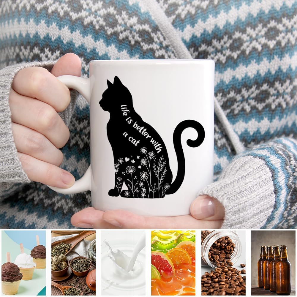 Life Is Better With A Cat Ceramic Coffee Mug for Women Men, Funny 11oz Floral Black Cat Mug for Cats Dad Mom, Cats Lover Gifts, Novelty Mothers Day Christmas Birthday Gifts