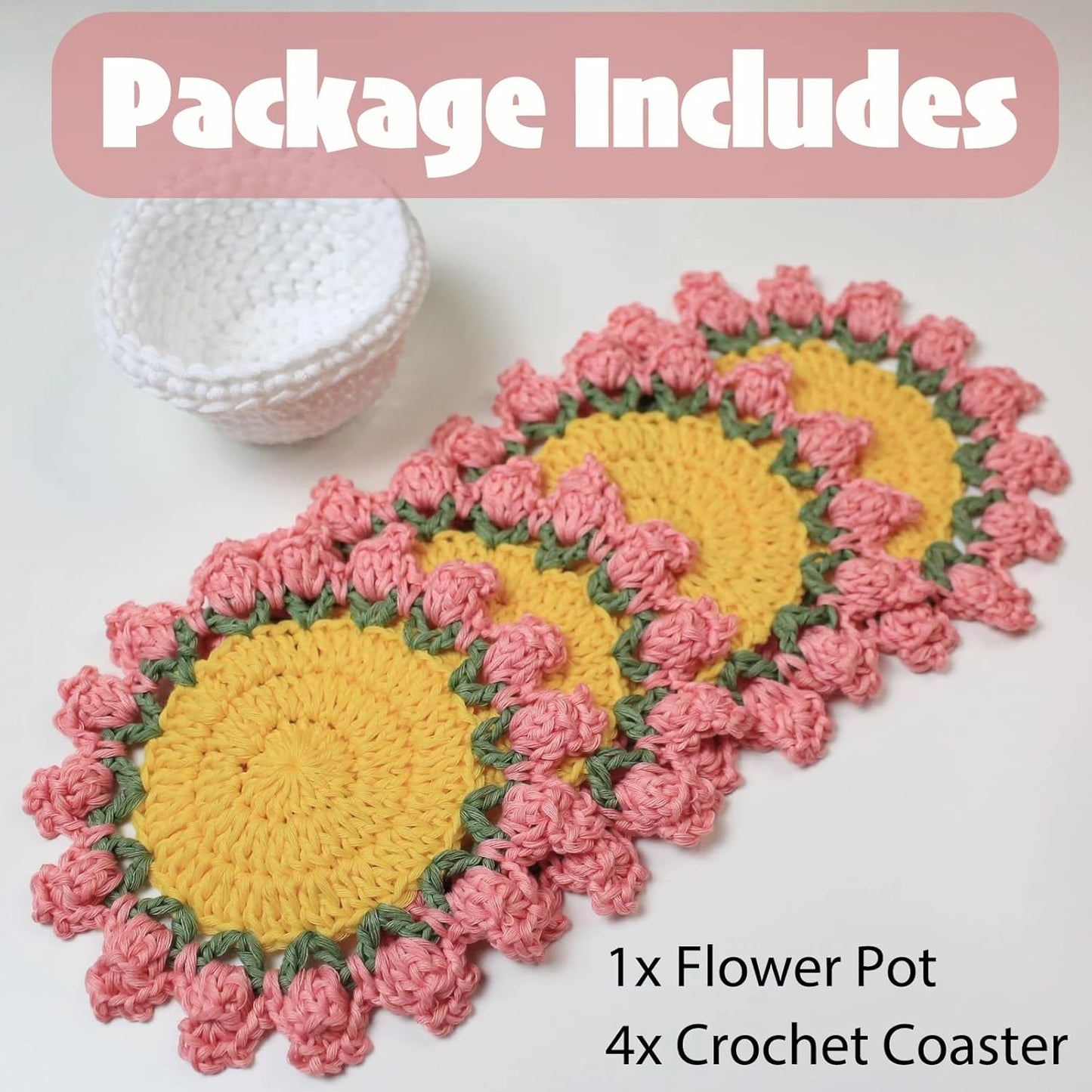 Cute Coasters Set of 4,Funny Pink Flower Coasters,Crochet Plant Pot Coaster Set for Drinks with Flowerpot Holder,Fun Soft Decorative Coasters Housewarming for New Home Bar Desk