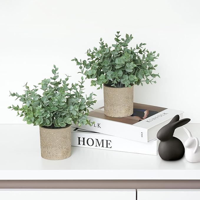 2 Pack Small Fake Plants, Artificial Eucalyptus with Gray Paper Pulp Pots, Small Potted Faux Greenery for Home Decor Indoor, Bathroom, Shelf, Office, Desk, Farmhouse Room Decoration