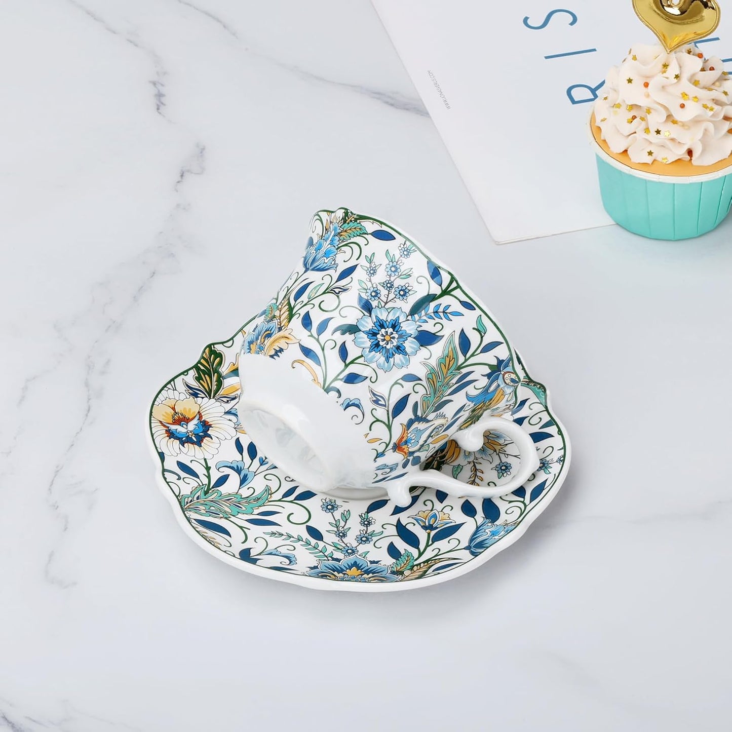 fanquare Vibrant Floral Porcelain Cup and Saucer Set, 8 oz Elegant Vintage Style Coffee Cup for Women and Tea Parties, Dishwasher Safe