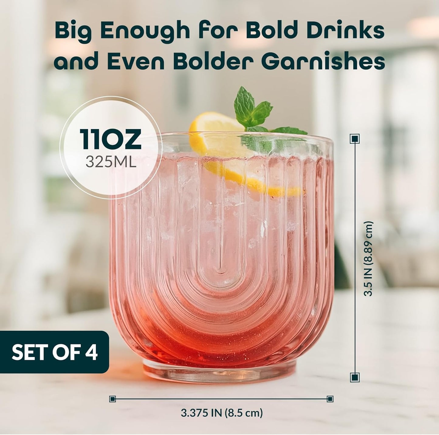 Glaver's Vintage Glassware Art Deco Glasse Ribbed Drinking Glasses U-Shape Arch Design Colored Cocktail Kitchen Tumblers Everyday Dinner Decorative Party (Pink S/4 11oz)