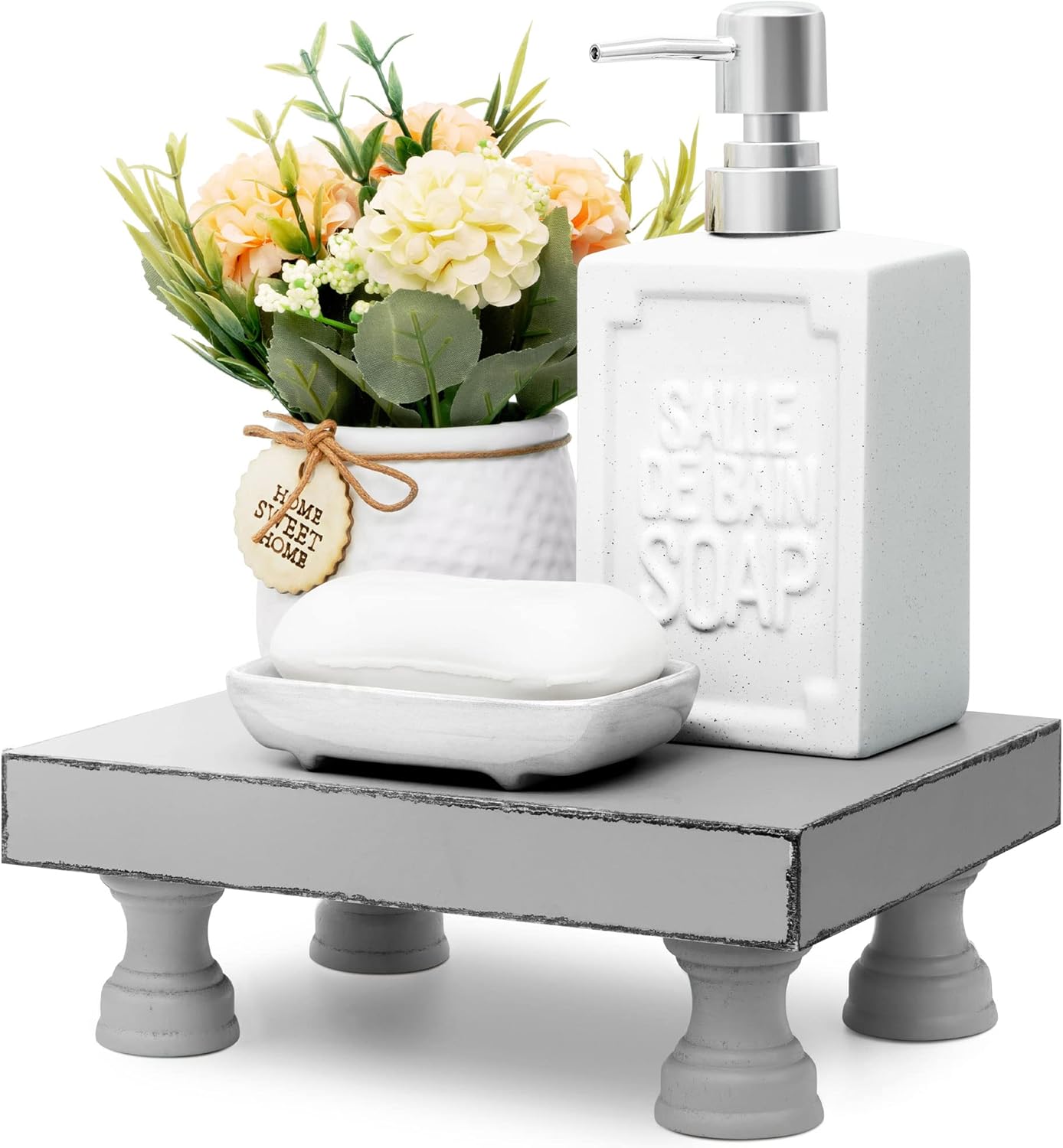 EOSAHR Decorative Wood Riser for Display : Modern Farmhouse Pedestal Stand for Home & Kitchen Decor and Stylish Soap Stand for Sink - Rustic Bathroom Counter Tray and Countertop Organizer (Light Gray)