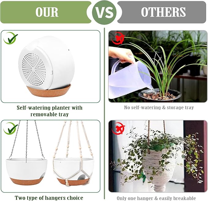 Hanging Planters for Outdoor Indoor Plants, 2 Pack 10 Inch Hanging Basket Plants Outdoor, Self Watering Hanging Planter with Plant Hanger for Garden Home Decoration (White, 10 inch)