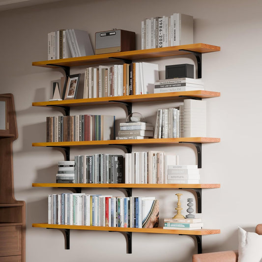 Long Floating Shelf for Wall 60 inch,Long Shelves Set of 5,Large Wall Mounted Bookshelf,Rustic Bookcase for Living Room Kitchen(Orange Brown, 60 Inch)