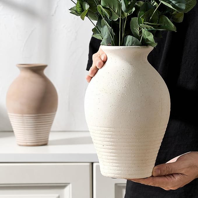 LUKA Ceramic Rustic Farmhouse Vase, 9.2 inch Whitewashed Terracotta Vase, Pottery Decorative Vases,Clay Decorative Vases for Home Decor, Table, Living Room, Shelf, Mantel Decoration(Off-White)