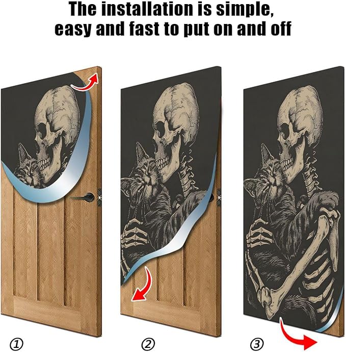 Halloween Door Cover Cat and Skeleton Skull Banner Decoration 79 * 35 inch for Front Doors Wall Party Decor