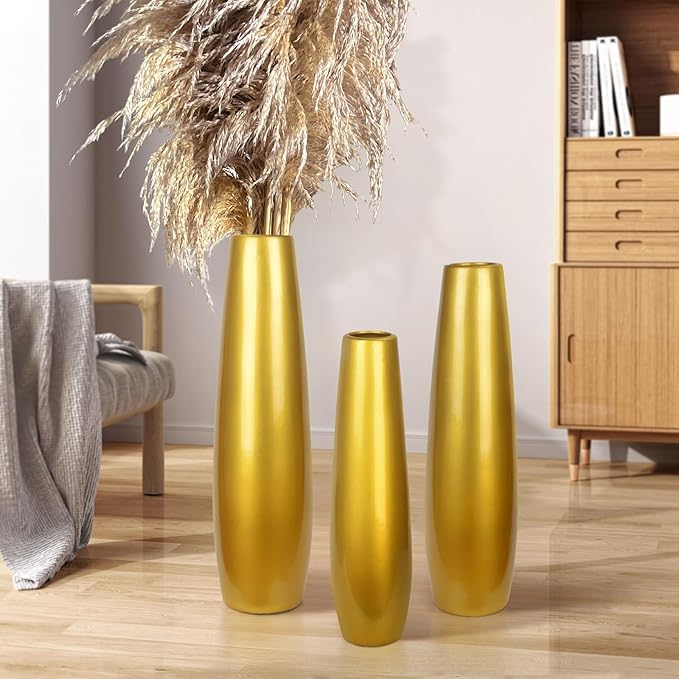 Gold Ceramic Tall Floor Vase,28 Inch Large Modern Flower Vases for Home Décor,Wicker Big Floor Vase Decorations for Farmhouse, Living Room,Bedroom,Standing Plastic Vase Decorative Tall