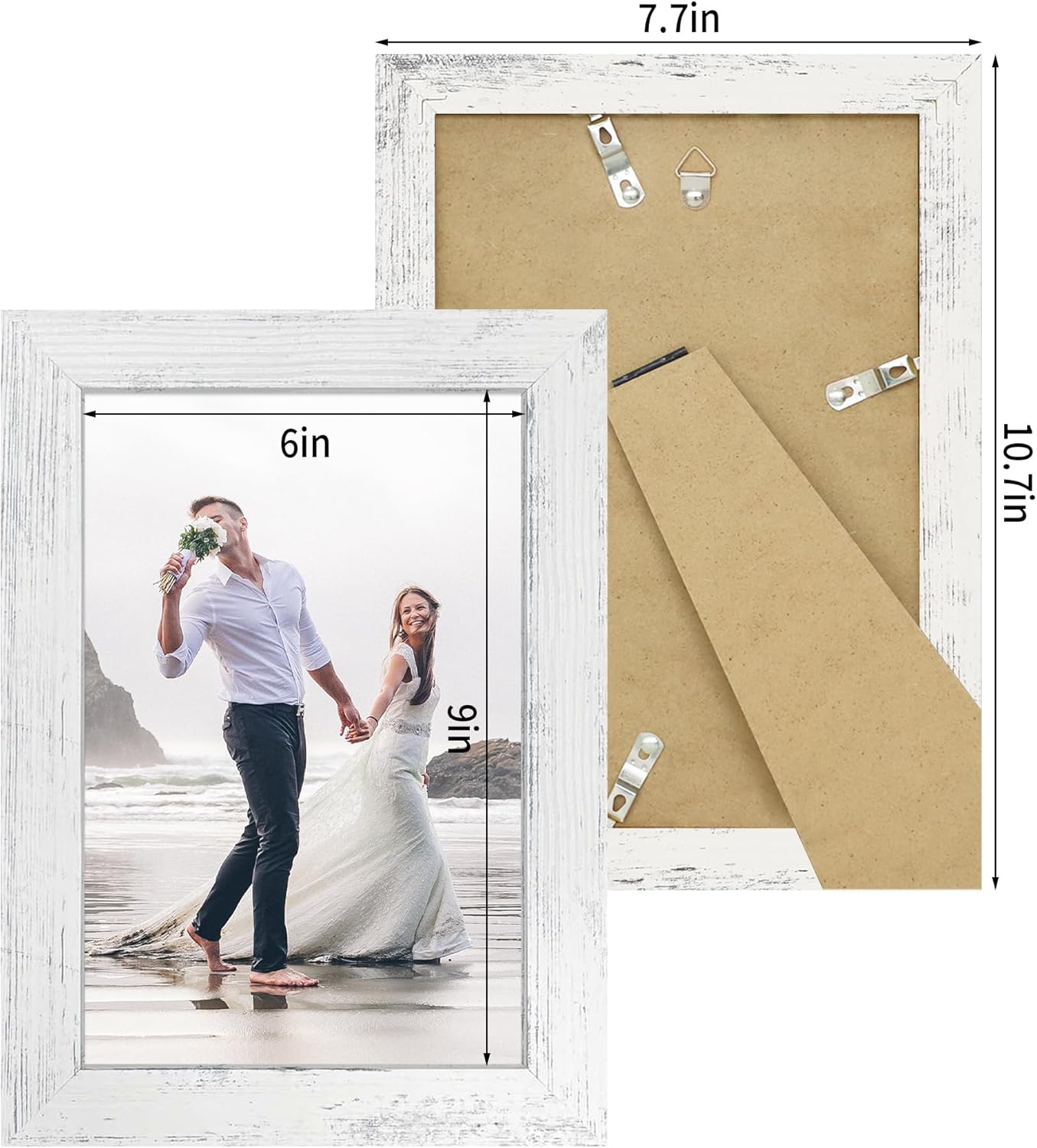 iRahmen 6x9 Picture Frame Set of 4, High Definition Glass Distressed White Frame, 6 x 9 Wood Photo Frames for Horizontal or Vertical Tabletop Display and Wall Mounting