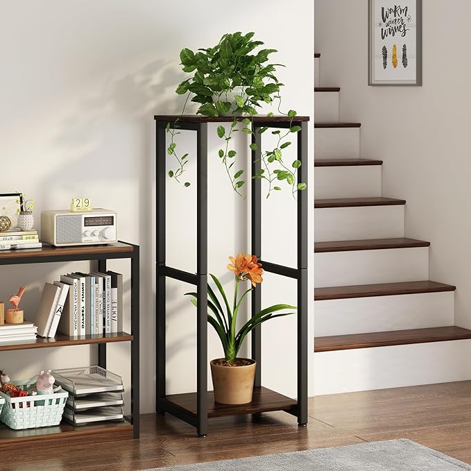 Plant Stand Indoor Corner Tall 2 Tier Metal Modern Flower Storage Plant Shelf Holder for Living Room Balcony Garden,Black Oak (2 Tier-Black Oak)