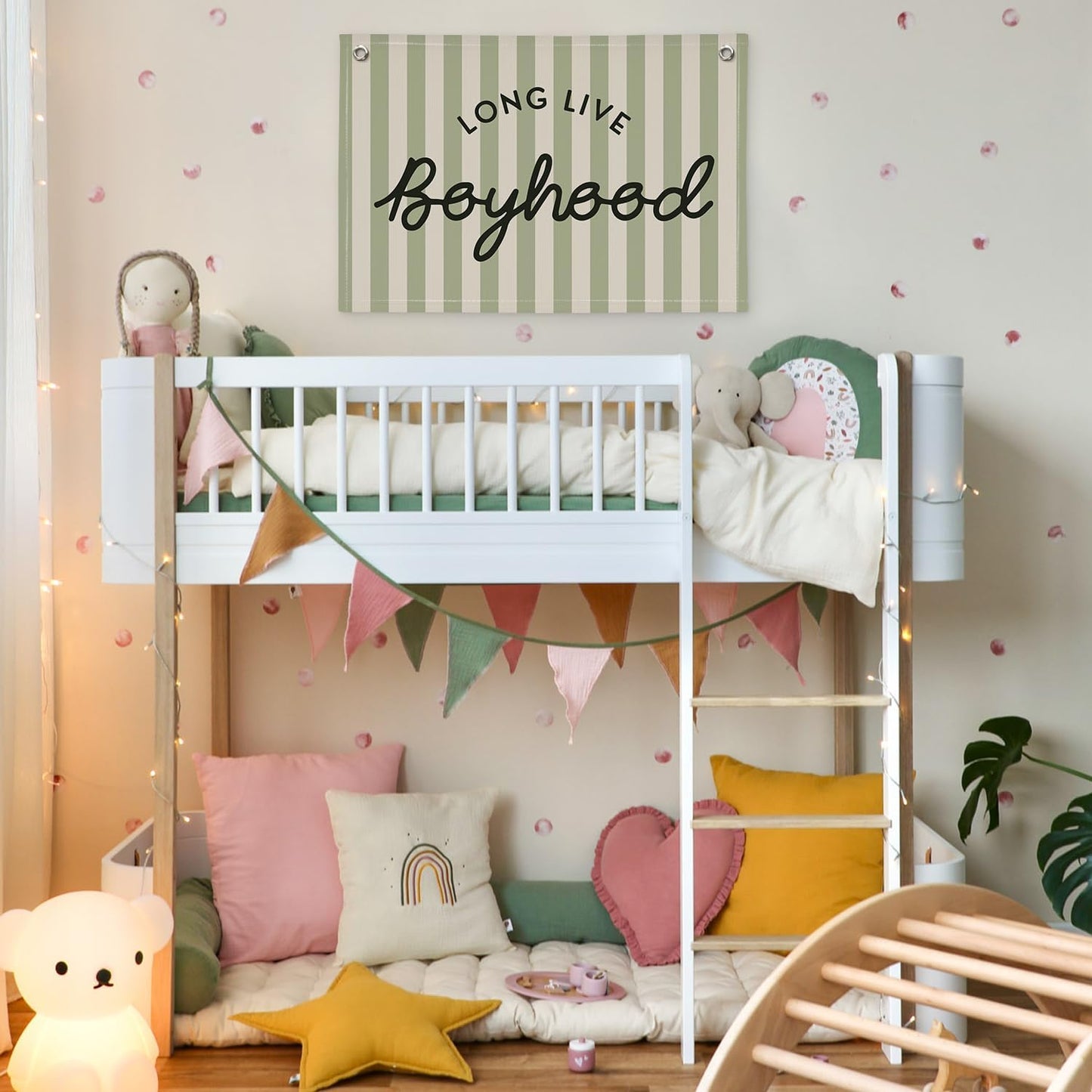 Long Live Boyhood Linen Banner Hanging Vintage Sage Green Stripes Flag Banner for Nursery Playroom Wall Decor for Kids Bedroom Living Room Dorm Toddler Decorations Trendy Room 30x20 boyroom