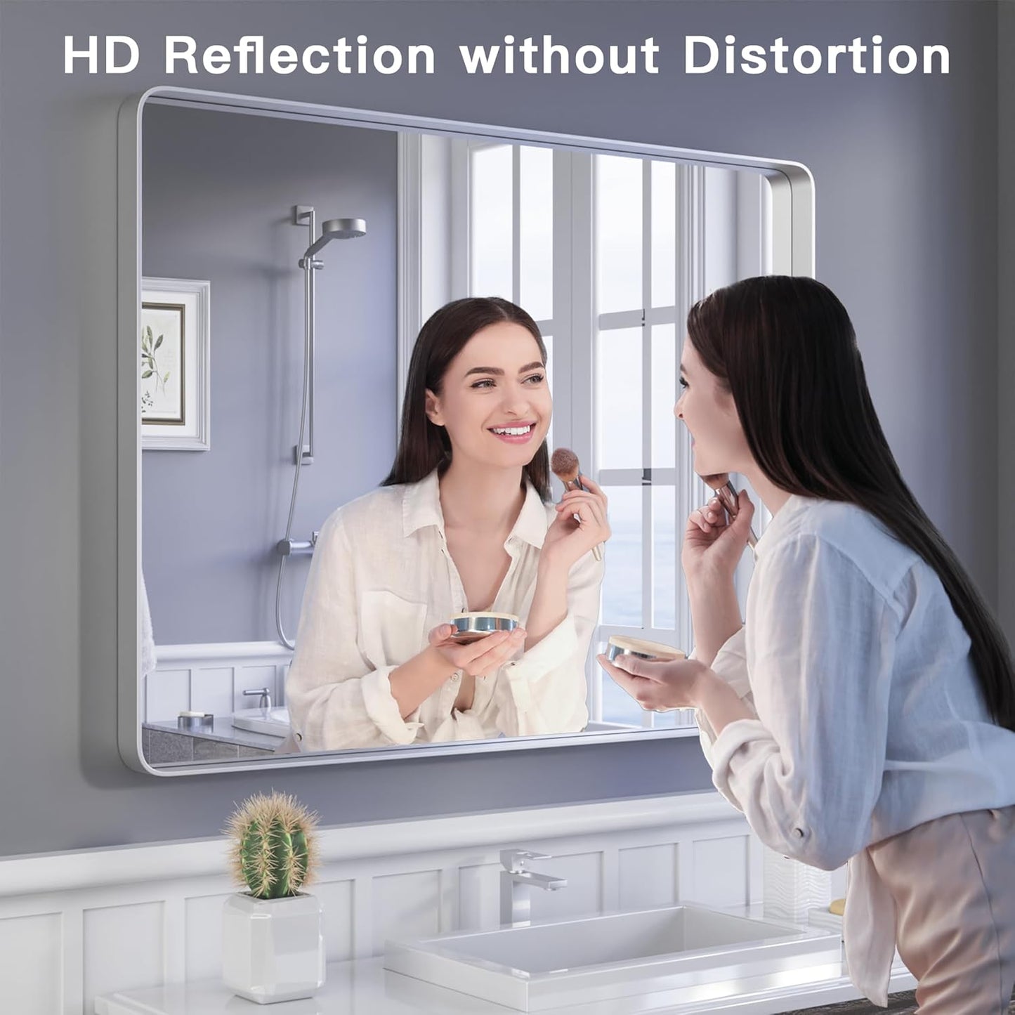 ISKM Silver Framed Mirror for Wal Bathroom Mirror for Wall 48" x 30" Matte Framed Vanity Mirror Anti-Rust, Tempered Glass, Rounded Rectangle Mirror(Horizontal/Vertical)