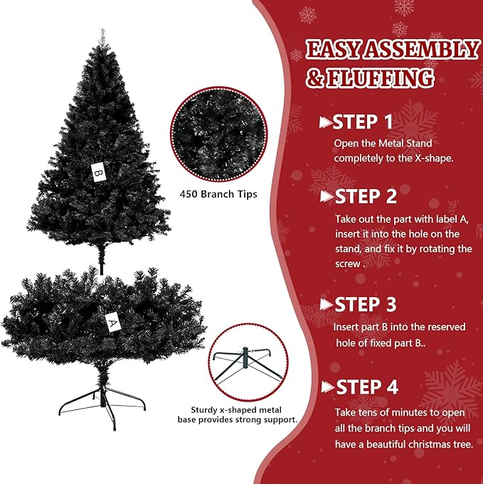ULICO 4ft Artificial Black Christmas Tree,Premium Spruce Xmas Tree with 450 Branch Tips, Fake Christmas Tree with Foldable Metal Base Stand,Home, Office,Party Decoration