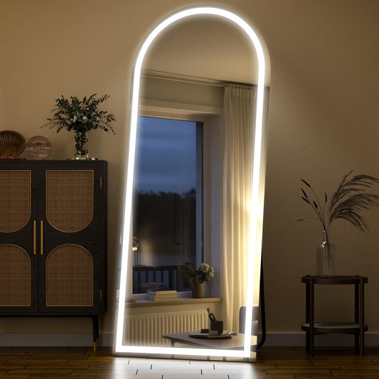 LED Arched Full Length Mirror with Lights 65"x26" - Lighted Floor Mirror with Dimming & 3 Color Lighting, Aluminum Frame Standing Leaning or Hanging for Bedroom Cloakroom White