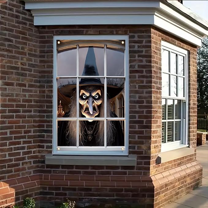 Window Cover Halloween 47x31 Inch Scary Witch Face Banner Creepy Window Decoration for Haunted House Outdoor Indoor Horror Poster Trick or Treat Prop Decor