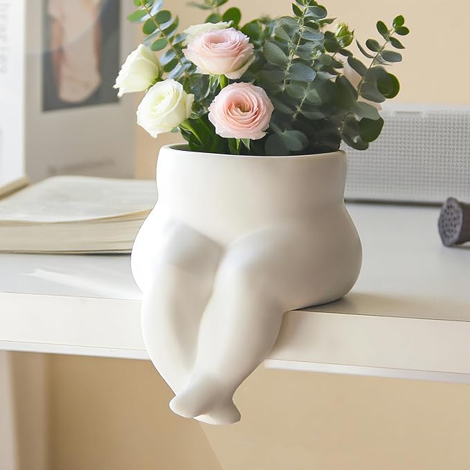 Matte White Ceramic Body Form Plant Pot, Crossed Legs Minimalist Planter Modern Boho Decorative Flower Pot for Indoor/Outdoor Home Office Desk