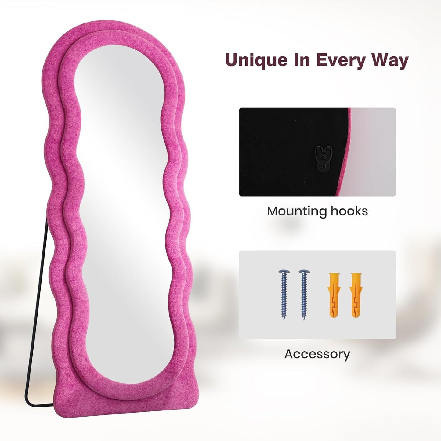 Full Length Mirror 63"x24" Arched Wavy Full Body Wall Mounted Floor Mirror with Stand Hot Pink Flannel Frame Leaning Hanging Wall Mirror for Bedroom Entrance