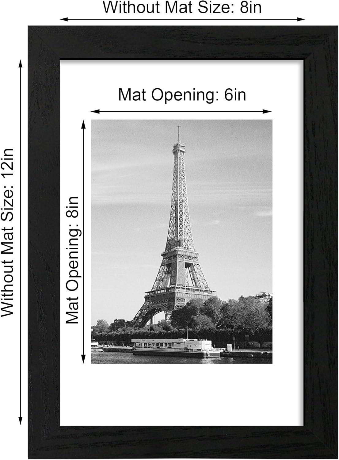 iRahmen 8x12 Picture Frame Set of 4 with HD Glass, Black Frame Display 6x8 Picture with Mat or 8 x 12 Without Mat, Wood Rustic Photo Frame for Tabletop and Wall Mounting