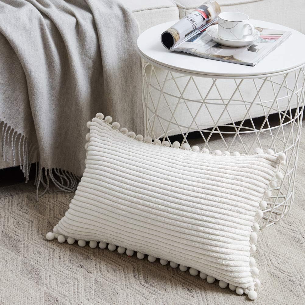 Fancy Homi 2 packs Cream White Boho Decorative Throw Pillow Covers with Pom-poms, Soft Corduroy Solid Square Cushion Cases Set for Living Room Couch Sofa Bedroom Car (14x24 Inch/35x60 cm, Cream White)