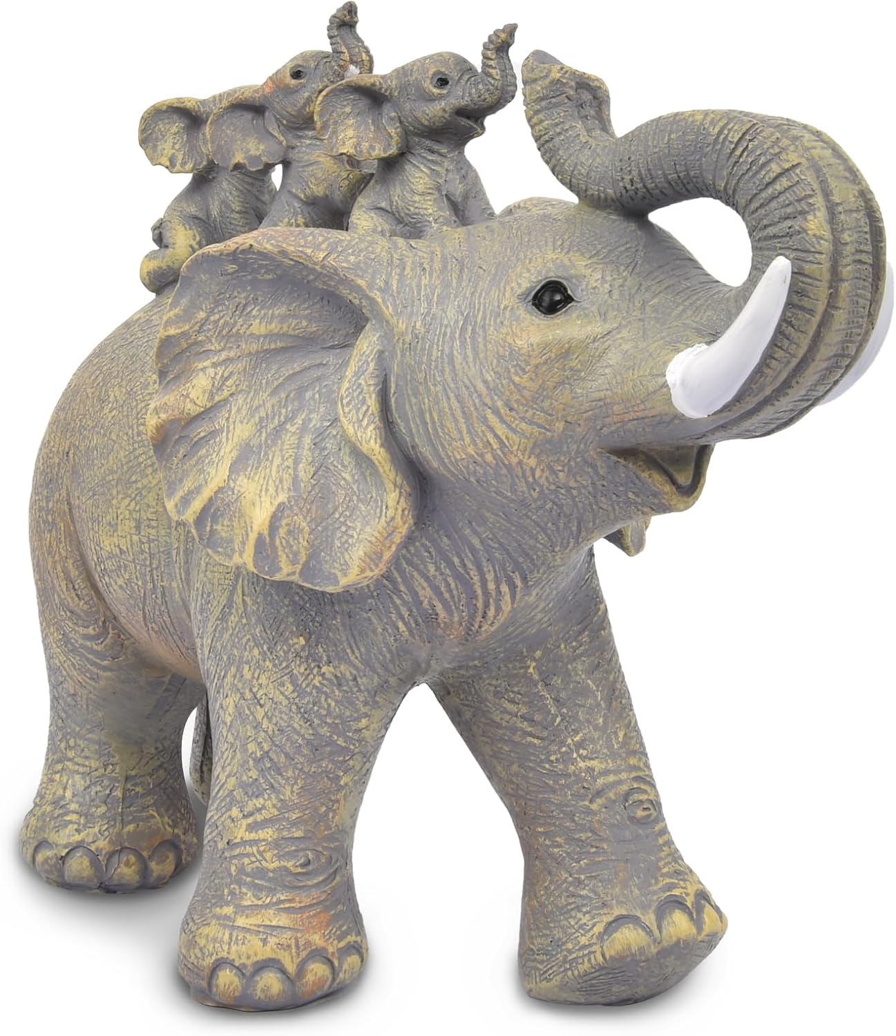 Cute Good Luck Elephant Home Décor Statues Carries Three Calves on Its Back Figurines for Shelf Elephant Lovers Decoration for Bedroom, Office (Yellow)