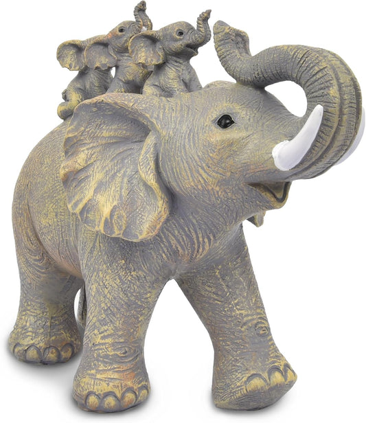 Cute Good Luck Elephant Home Décor Statues Carries Three Calves on Its Back Figurines for Shelf Elephant Lovers Decoration for Bedroom, Office (Yellow)