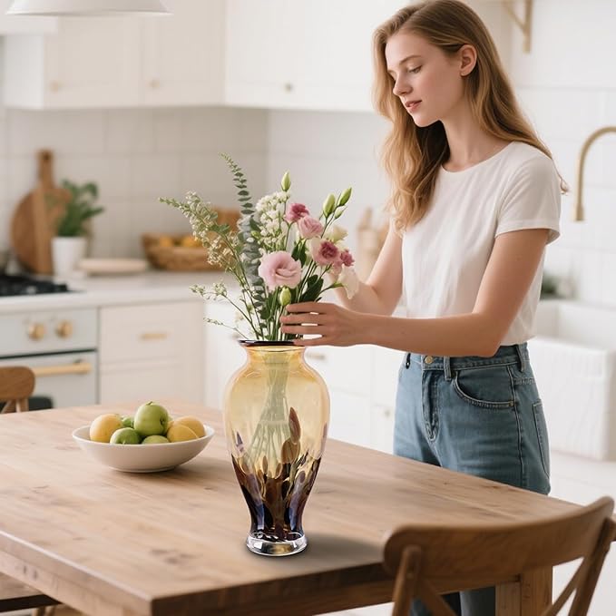 11.8" Tall Blown Amber Gold Glass Vase, Amber Opaque Glass Vase, Unique Design Wide Mouth Art Decoration for Home, Living Room, Dining Table, Pampas Grass Decor (Amber Gold)