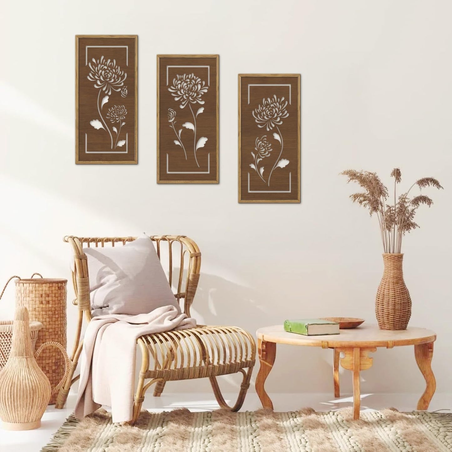 KAIRNE Floral Wooden Wall Art,Hollowed-Out Flower Farmhouse Decor Set of 3(16X8),Brown Vintage Wood Hanging Decor,Ready to Hang Framed Wall Decor,Retro Design for Living Room Bedroom Office Decor