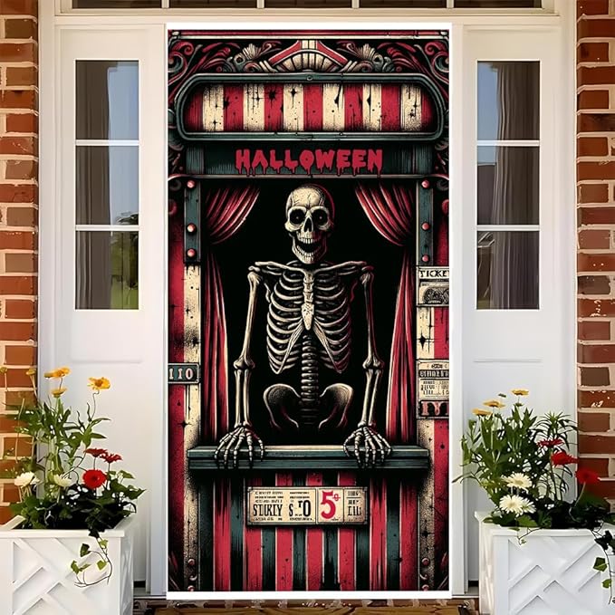 2D flat Skeleton Prison Halloween Door Banner Scary Horror Front Door Decorations for Halloween Party Indoor Outdoor Cover 71x35 Inch