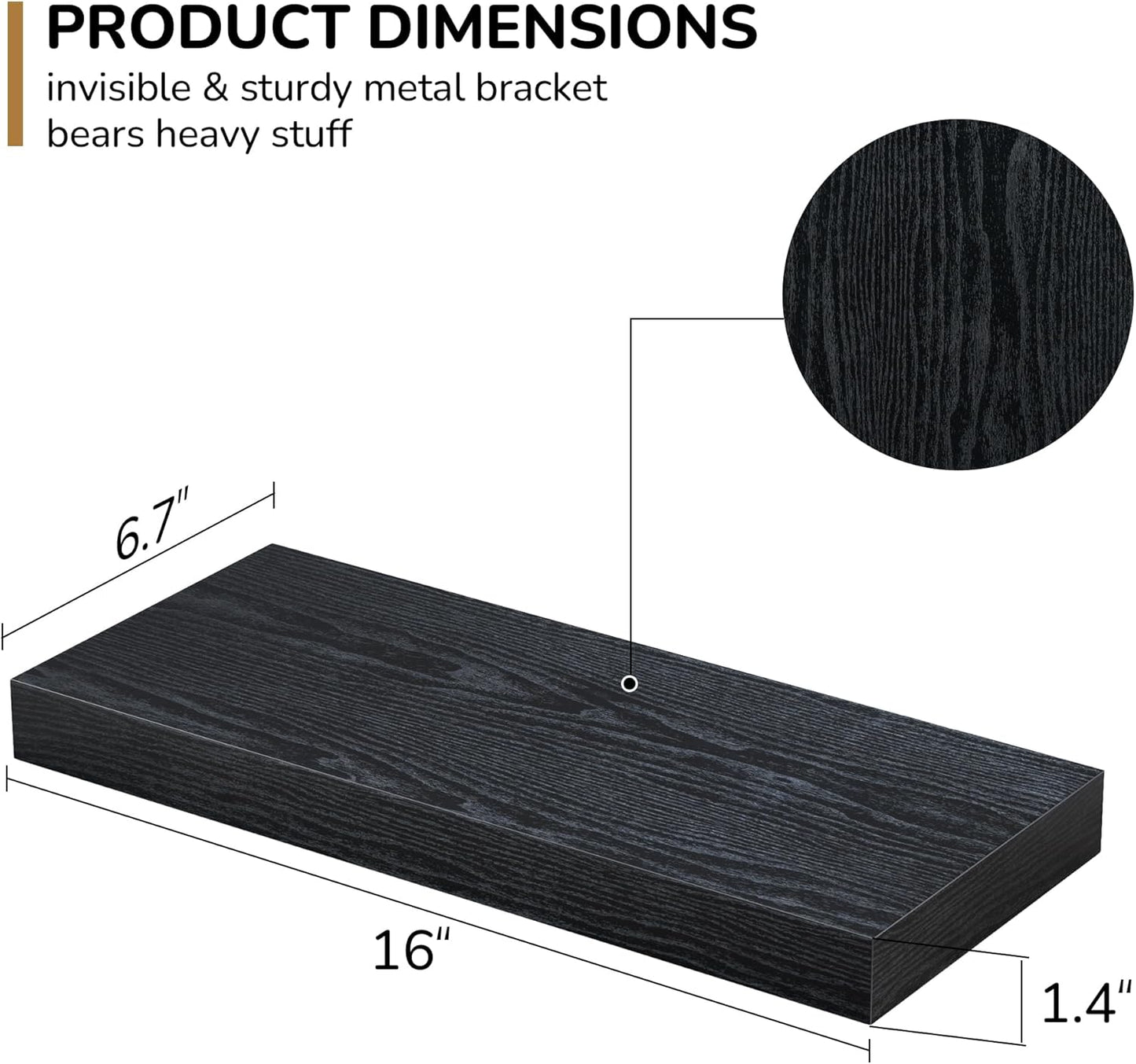 Fun Memories Floating Shelves - 16 Inch Rustic Black Wall Shelf - Wall Mounted Shelves for Wall Decor Storage - Wooden Shelves with Invisible Brackets for Living Room, Bedroom, Kitchen, 2 Pack