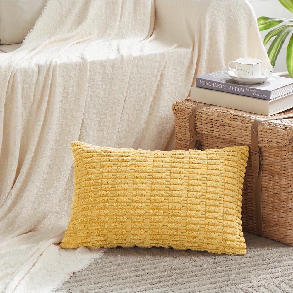 Fancy Homi 4 Packs Yellow Lumbar Decorative Throw Pillow Covers 12x20 Inch for Living Room Couch Bed Sofa, Rustic Farmhouse Boho Home Decor, Soft Striped Corduroy Rectangle Cushion Case 30x50 cm
