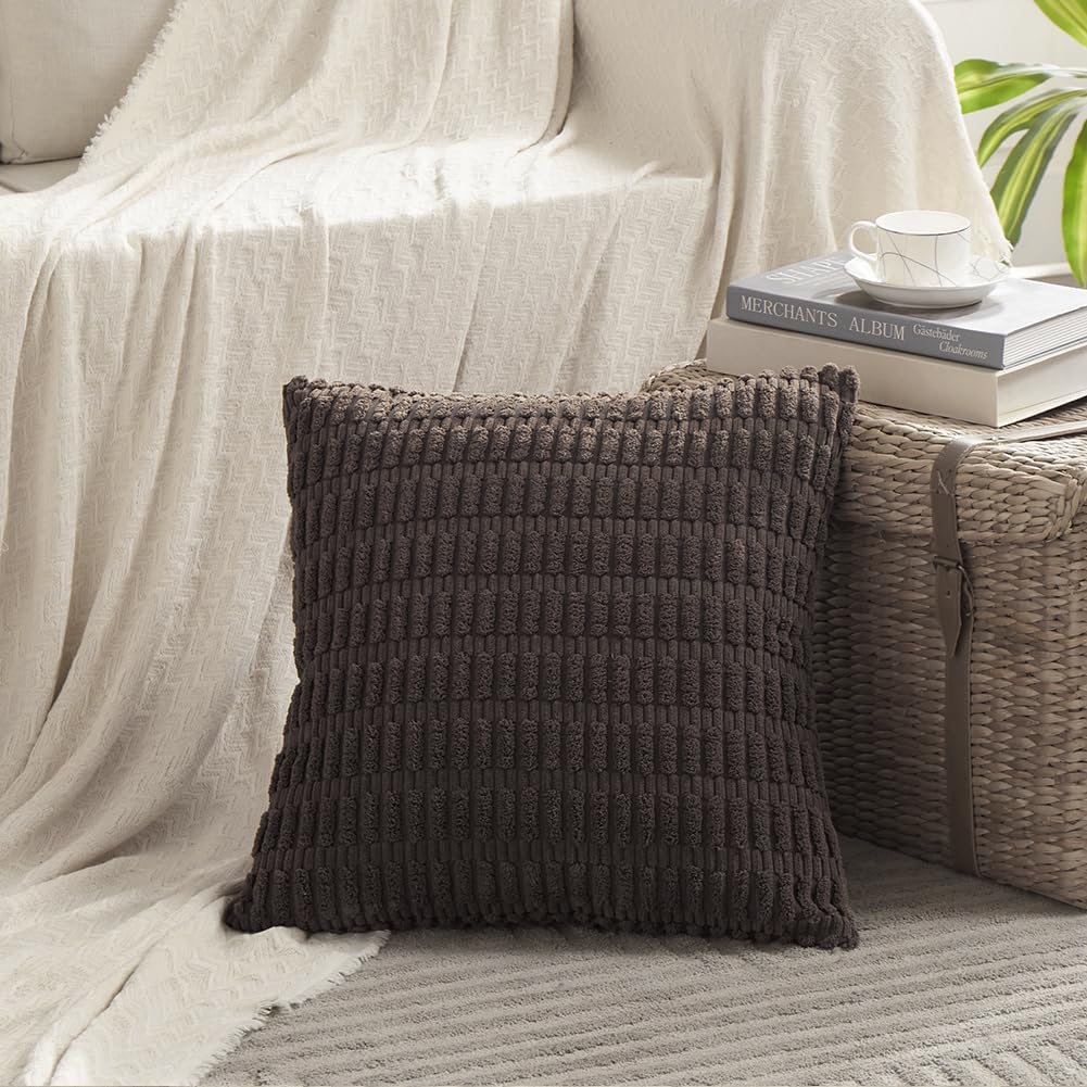 Fancy Homi Dark Brown Decorative Throw Pillow Covers 18x18 Inch for Living Room Couch Bed Sofa, Rustic Farmhouse Boho Home Decor, Soft Striped Corduroy Square Cushion Case 45x45 cm