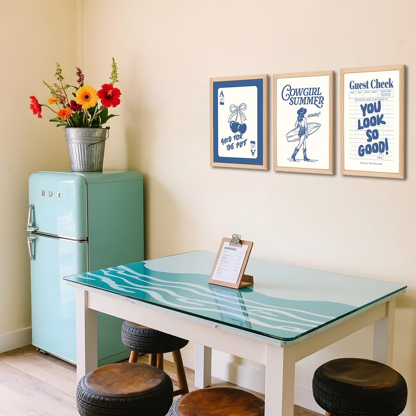 Blue Preppy Canvas Wall Art Set of 3, Coastal Cowgirl Pictures Wall Decor Paintings, Trendy Cherry Guest Check Poster Prints Aesthetic Home Decor for Teen Girls Bedroom Dorm 12x16 inch Framed