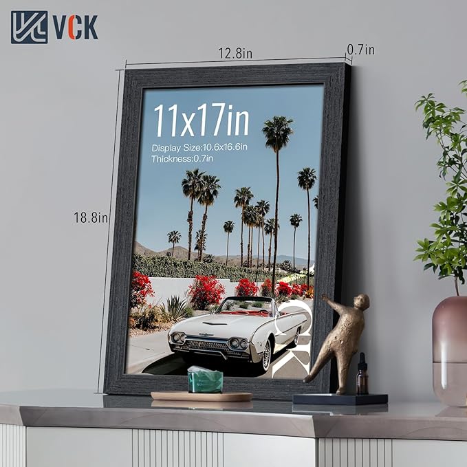 VCK 11x17 Picture Frame 3 Pack - Black Oak, Natural Textured Solid Wood Poster Frame, Wall Hanging
