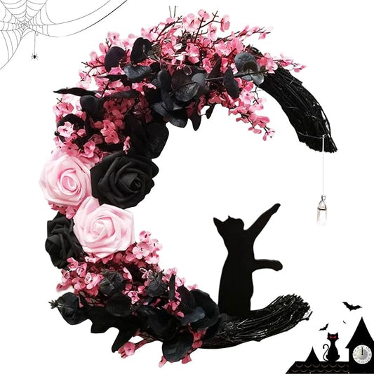 Halloween Wreaths For Front Door, Flower Moon Cat Halloween Home Decoration, Halloween Family Gathering Decoration Wreath，Outdoor, Wall, Closet, Fence, Wreath Halloween (Pink)