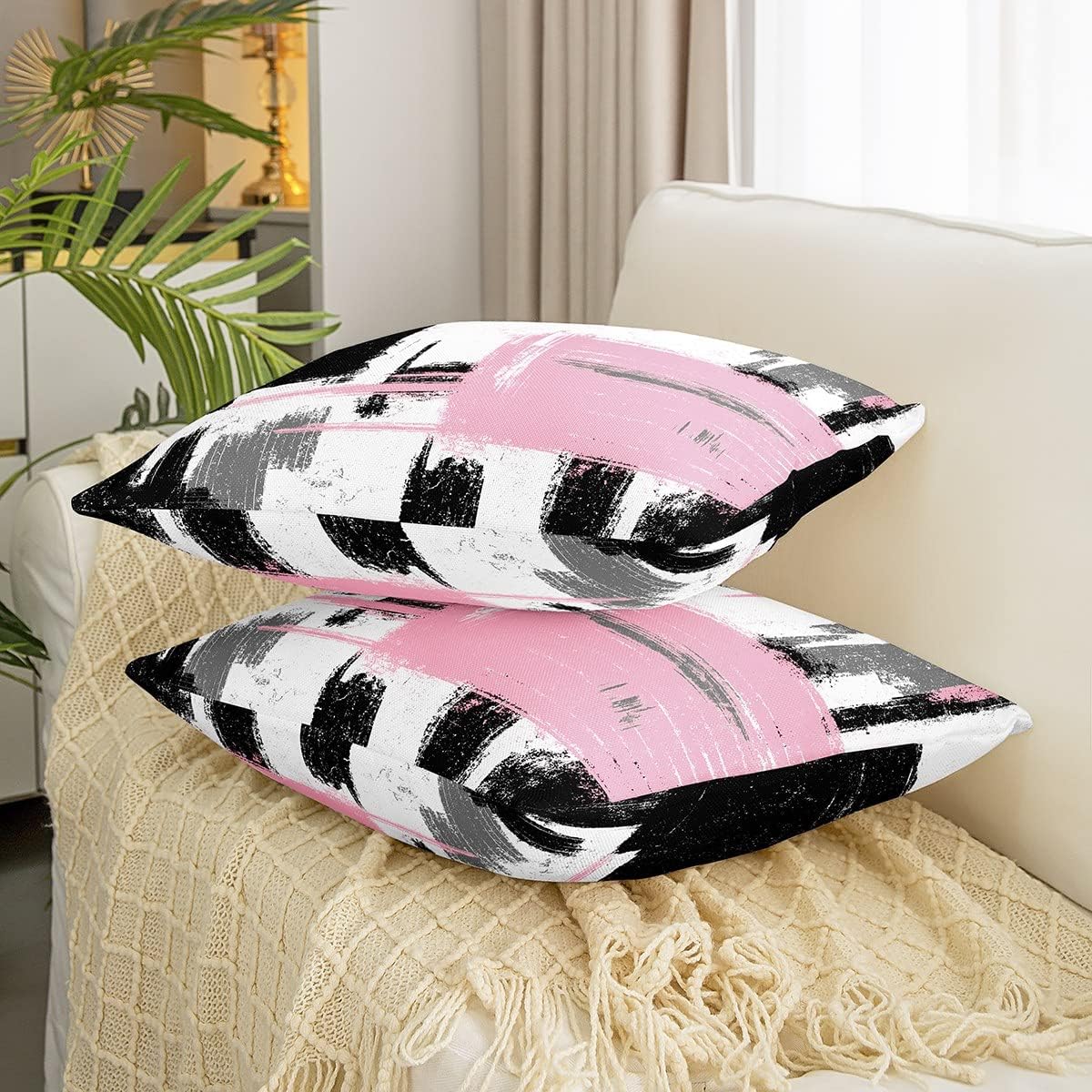 Feelyou Abstract Throw Pillow Covers for Couch Sofa Bed, Set of 2 Modern Abstract Art Decorative Pillows Cushion Covers, Black Pink White Pillow Inserts Not Included, 18x18 inch