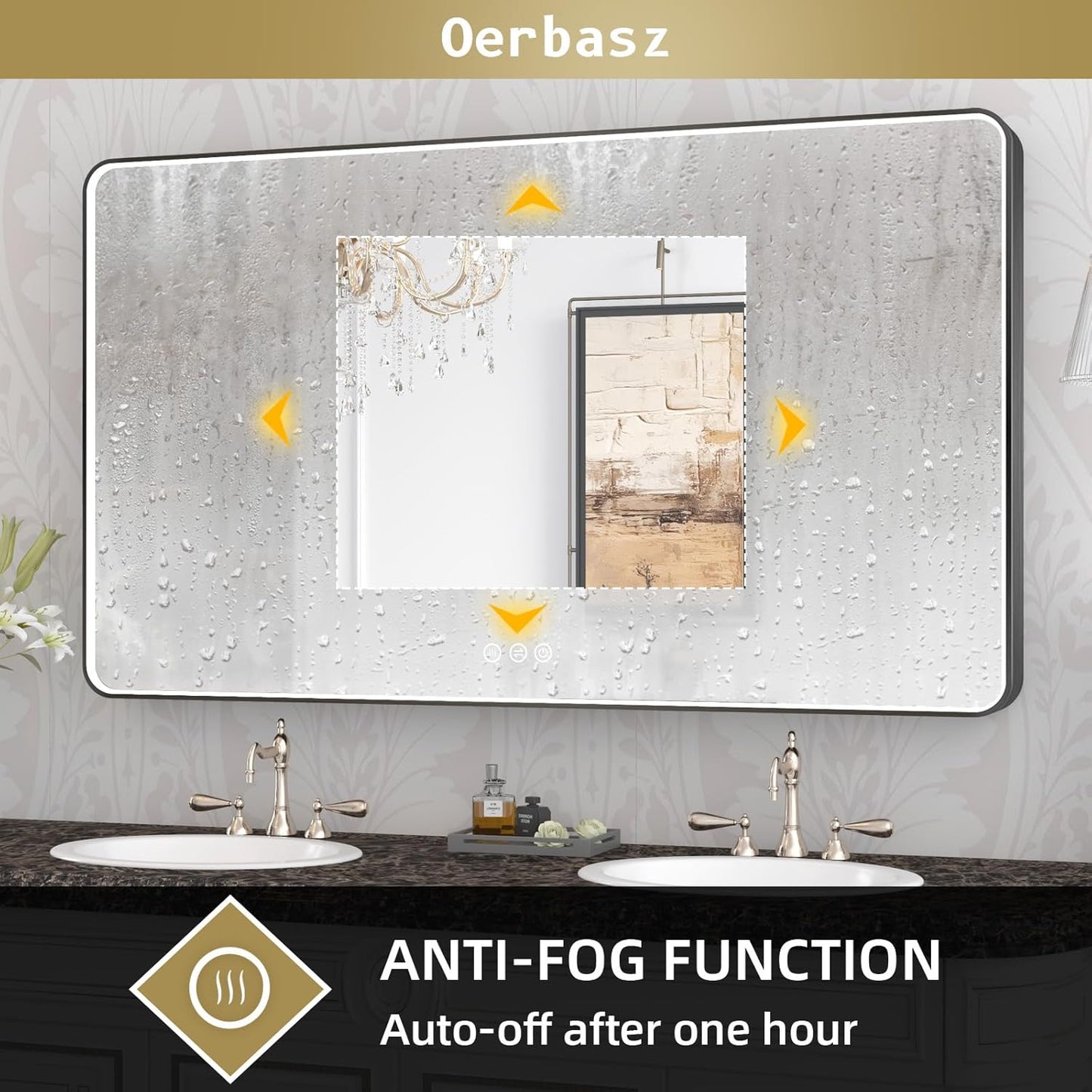 LED Mirror for Bathroom 55X32 Inch Black Framed with Anti-Fog, Stepless Dimmable, Front Lit, LED Bathroom Vanity Mirror for Wall, Memory Function, Shatter-Proof