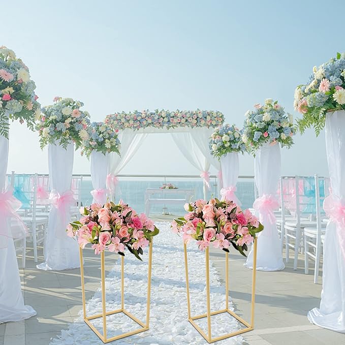 Metal Flower Stand for Wedding Centerpieces - Rectangular Geometric Gold Vase Stands for Home Party Event (2 Pcs, 15.74 inch)