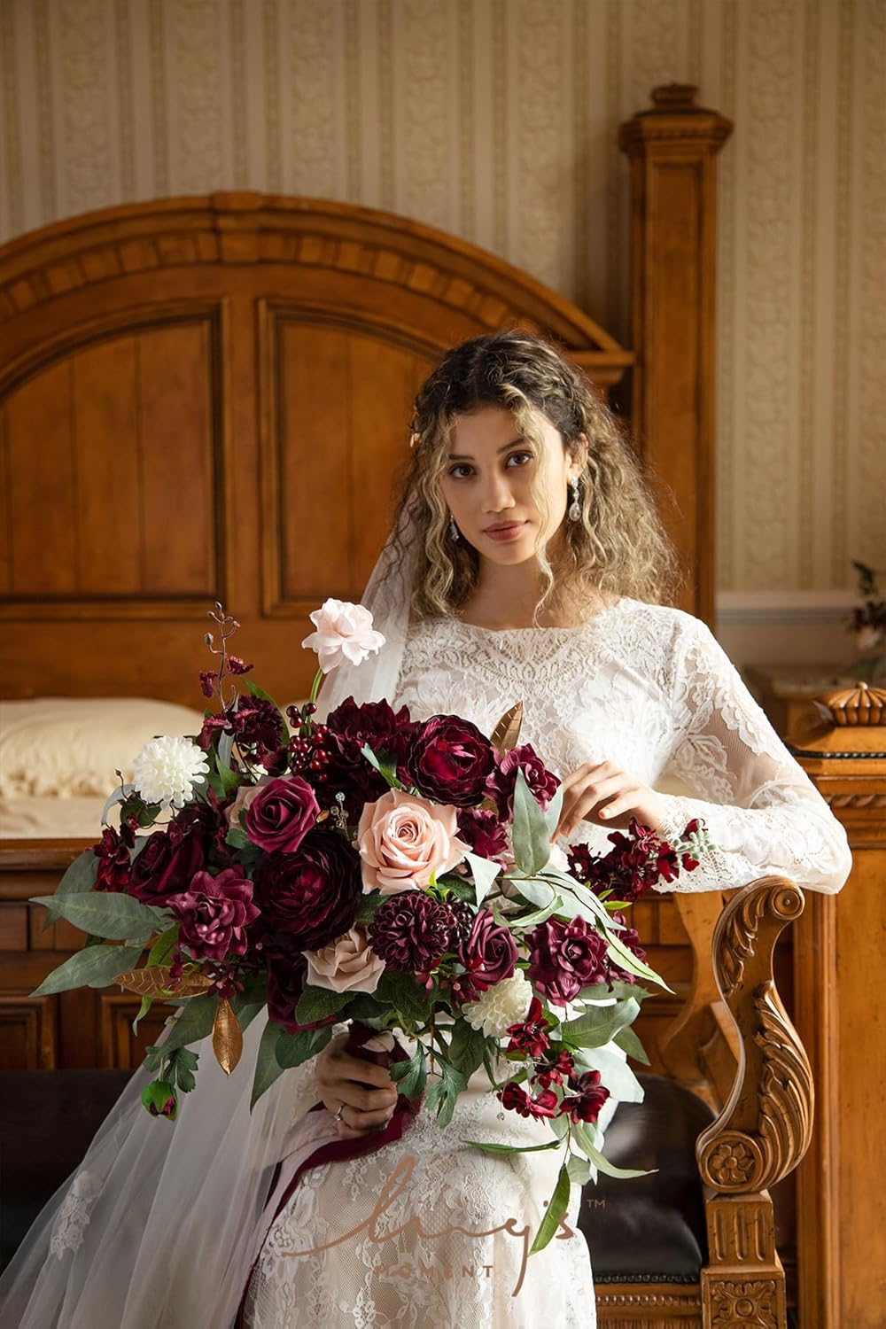 Ling's moment Red Wedding Bouquets for Bride, Burgundy and Blush Bridal Bouquets for Bride,17 Inch Free Form Artificial Wedding Flower Bouquet