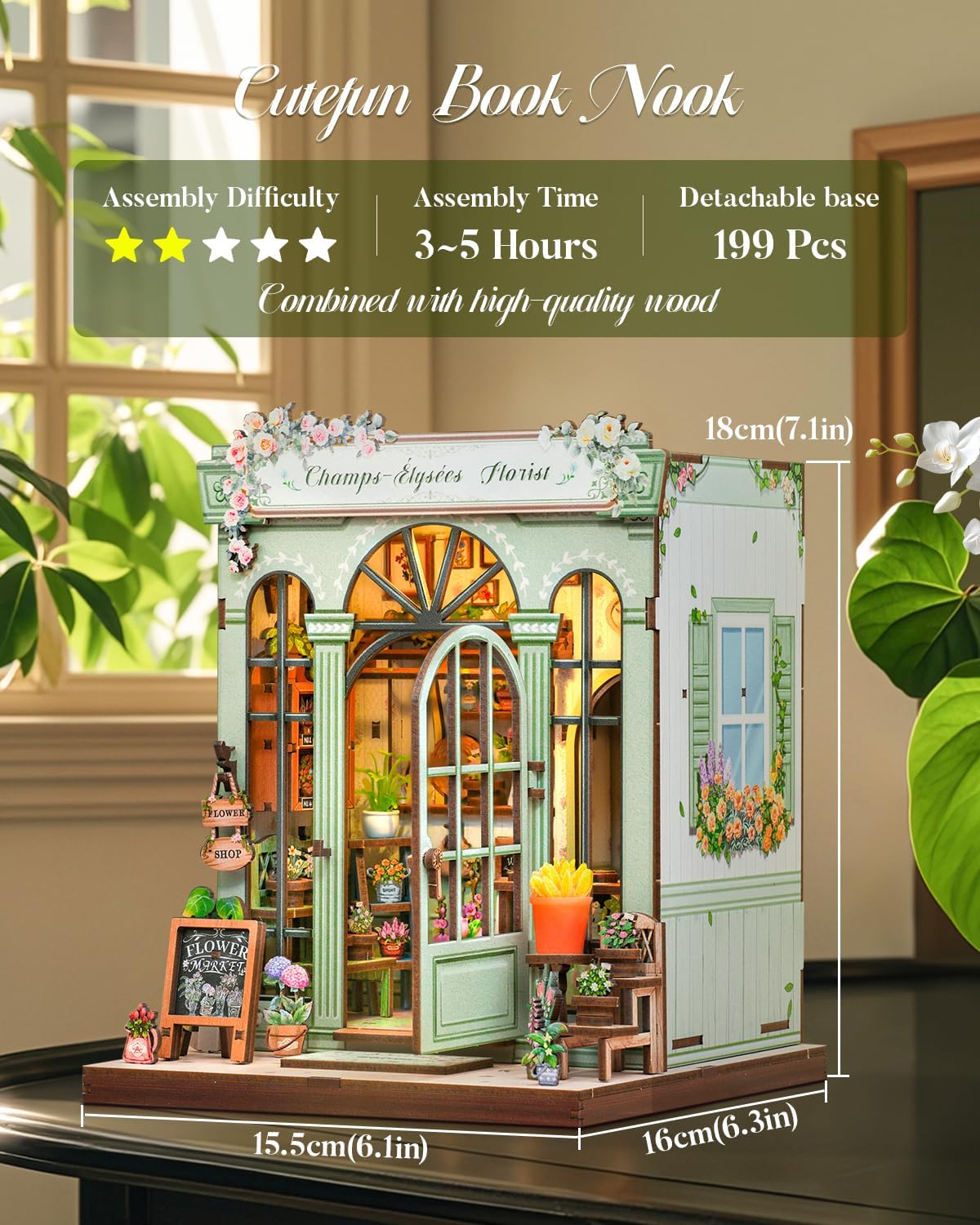 Cutefun Book Nook Kit - DIY Miniature Dollhouse Kit for Adults and Teens, French Flower Shop Mini House Building Kit with LED, 3D Wooden Puzzle for Beginner Creative Gifts (Champs-Élysées Florist)