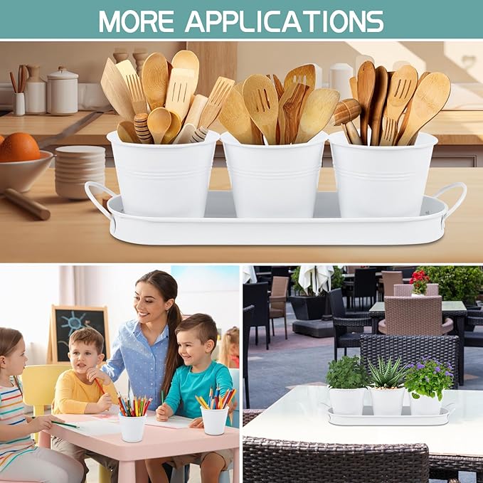 Indoor Herb Garden Set of 3 with Tray and 3 Types of Gardening Tools, Metal Plant Pots Herb Garden Planter Kit with Drainage for Plants (White)