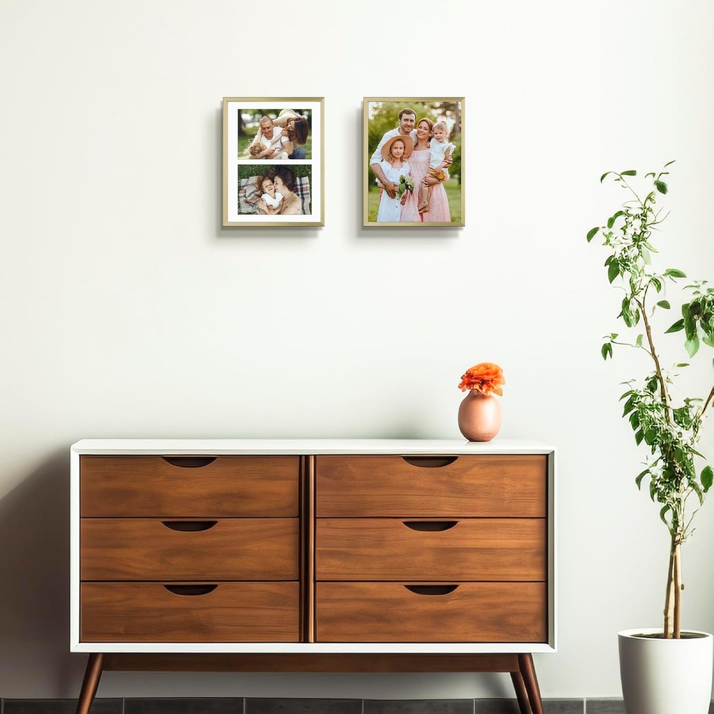 Frametory - 8.5x11 Aluminum Collage Picture Frame - Display 5x7 Pictures with 2 Openings Mat - Real Glass Front - With Easel Stand for Horizontal/Vertical Wall Mount - Gold 1 Pack