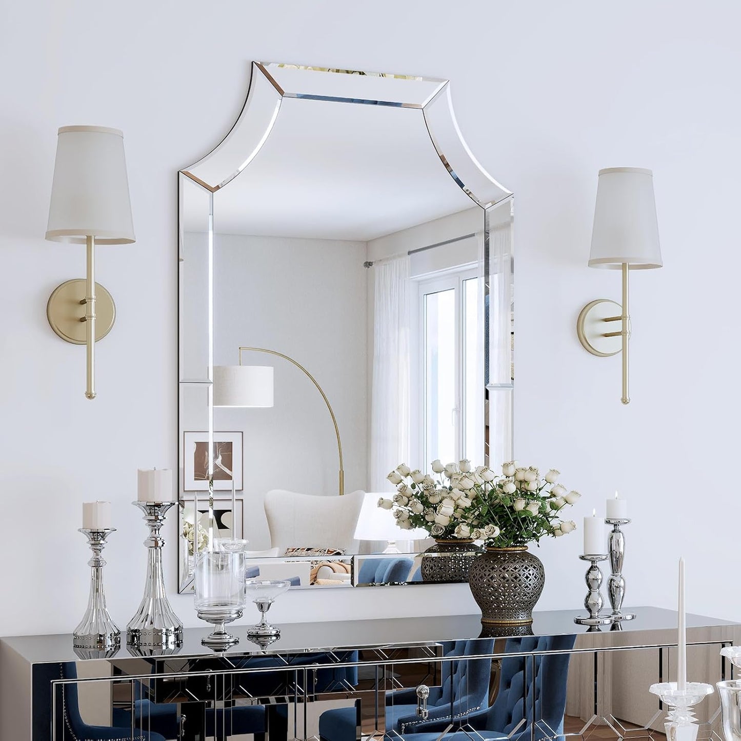 Large Decorative Wall Mirror, 31.5'' X 47.3'' Modern Living Room Mirror for Wall Decor with Glass Pieces and Beveled Edge, Scalloped Bathroom Mirrors Hang Vertically