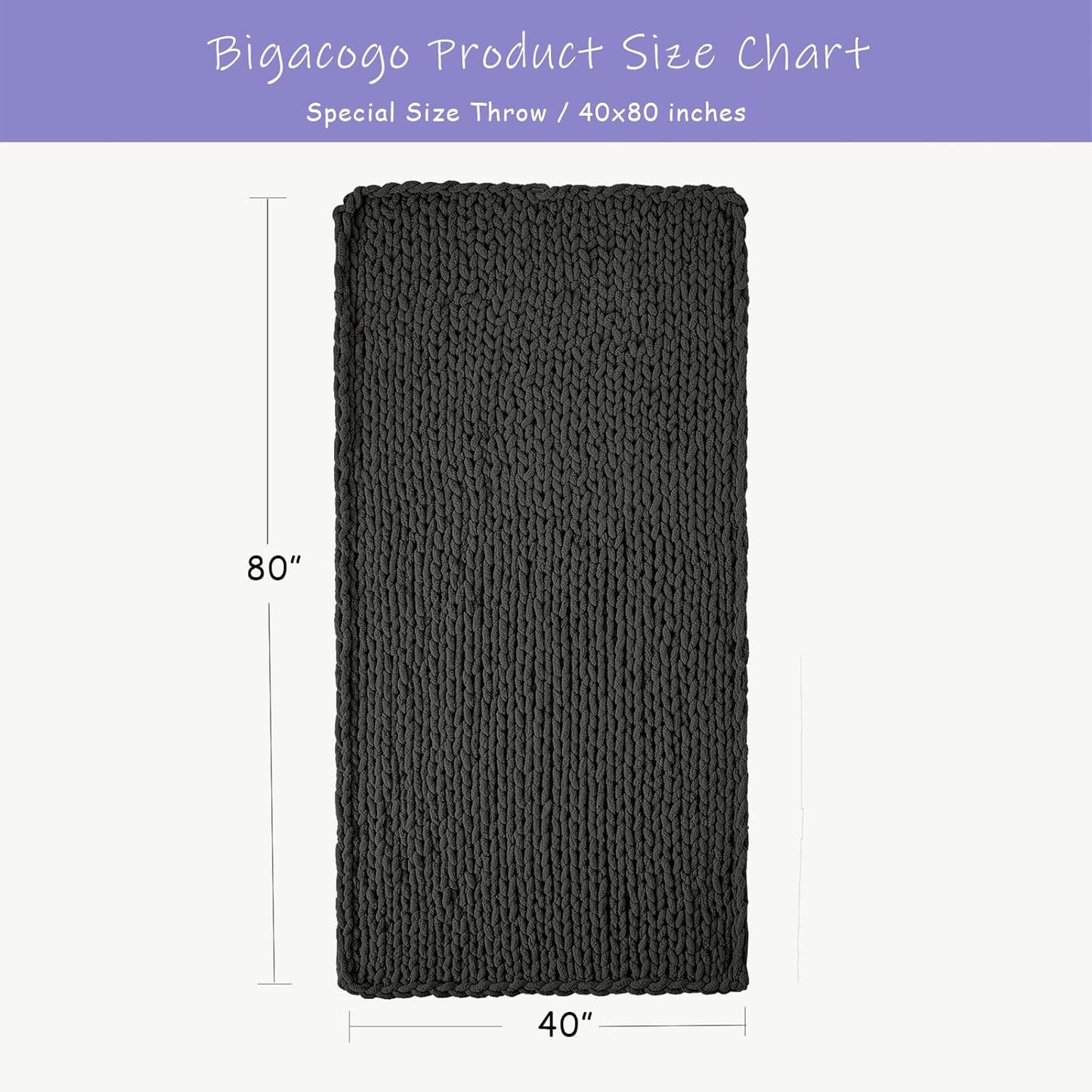 Bigacogo Chunky Knit Throw Blanket for Couch, 40x80 inches, 100% Hand Knitted with Thick Jumbo Chenille Yarn, Cozy Soft Large Rope Knot Cable Crochet Blankets for Sofa Bed Living Room, Dark Grey