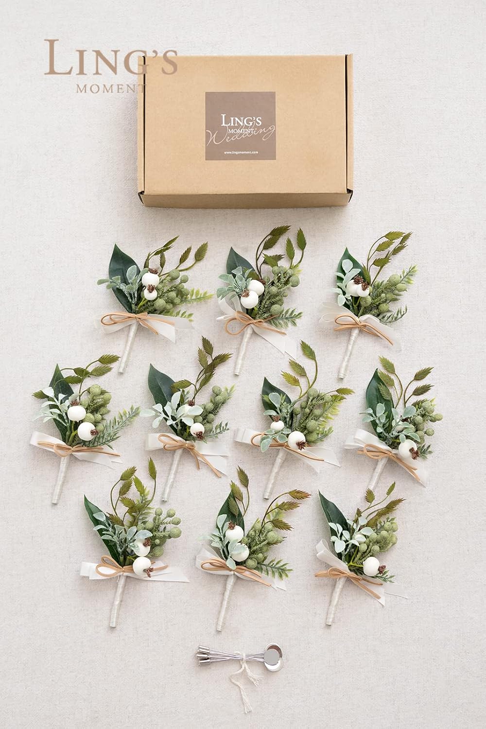 Ling's Moment Boutonniere for Men, 10pcs Groomsmen Guest Boutonniere, Artificial Flowers for Wedding Décor/Prom/Homecoming,etc.White Greenery Berry
