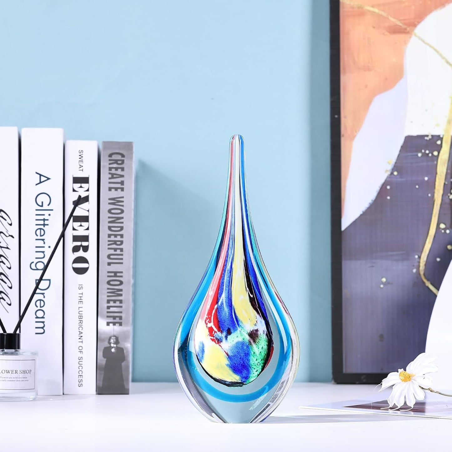 DOVDOV Blown Glass Sculpture, Stained Glass Art Teardrop Statue, Unique Ocean Theme Decoration for Office, Bookshelf, Dresser, Living Room Coffee Table, Fireplace countertop Decoration.